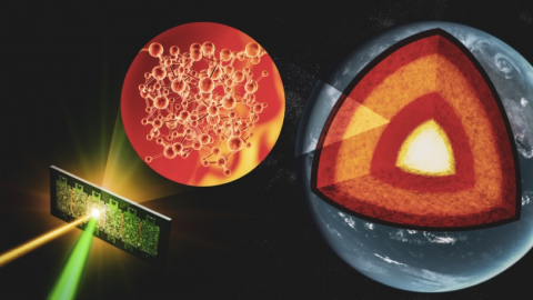 vision d’artiste d’une expérience réalisée à SLAC National Accelerator Laboratory, aux États Unis. En utilisant un laser de puissance couplé avec des rayons X ultra rapides, nous avons pu sonder la structure de silicates liquides à des conditions de pression et température analogues à celle de l’interface entre le manteau et le noyau terrestre.